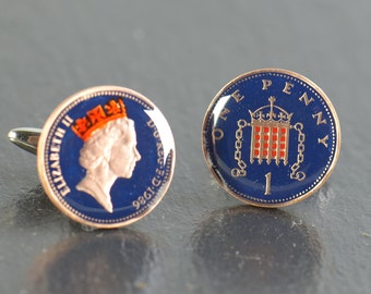 Coin Penny Painted Cufflinks United Kingdom.Great Britain Coin Collector Gift,Dad Coin Gift,Upcycled,mens jewelry.Queen Elizabeth II