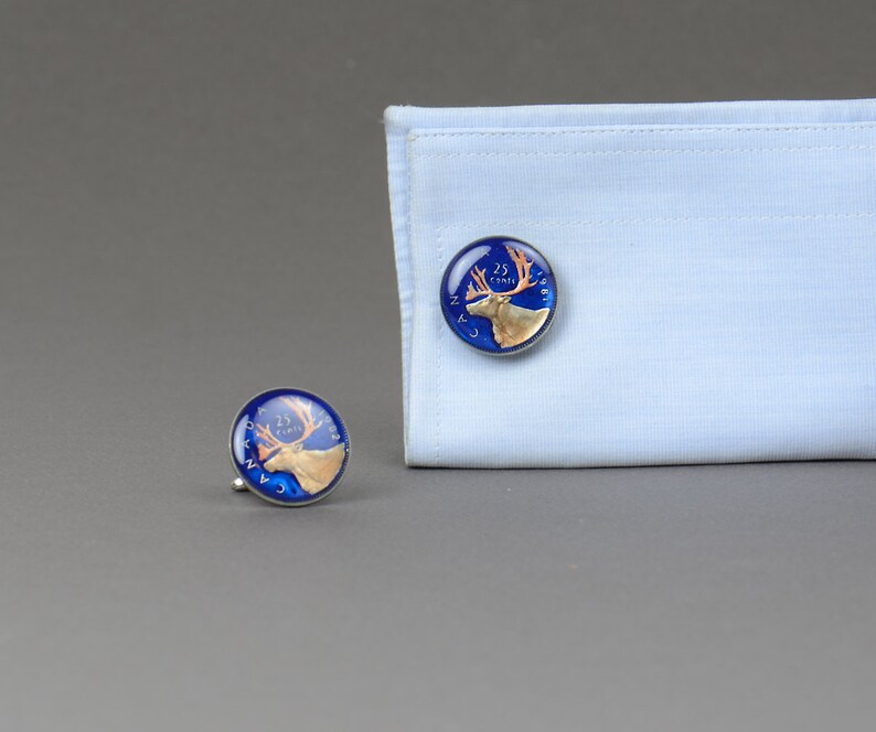 Coin Collector Gifts: Rustic Blue Deer Design - Hand Painted Canadian Coins, Enamel , Big Size Cufflinks for Men image 4