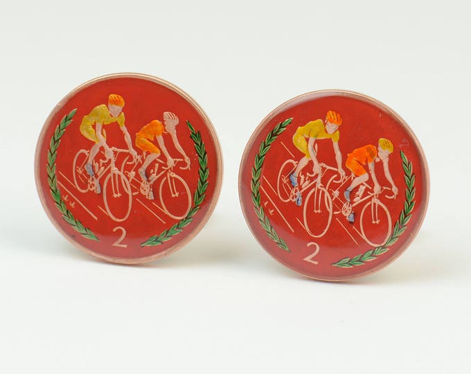 Isle of Man Cufflinks - enamel coins- Big size cufflinks ISLE OF MAN 1997 Commemorative Bicycle Racing 2 Pence Coin.Big Size Coin