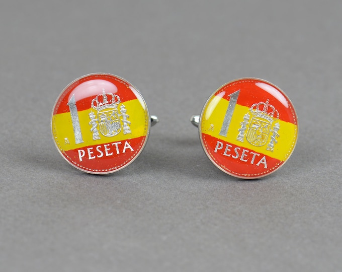 Cufflinks coin peseta spanish flag Spain Coin Collector Gifts,Dad Coin Gift,Upcycled,mens gift accessories jewelry