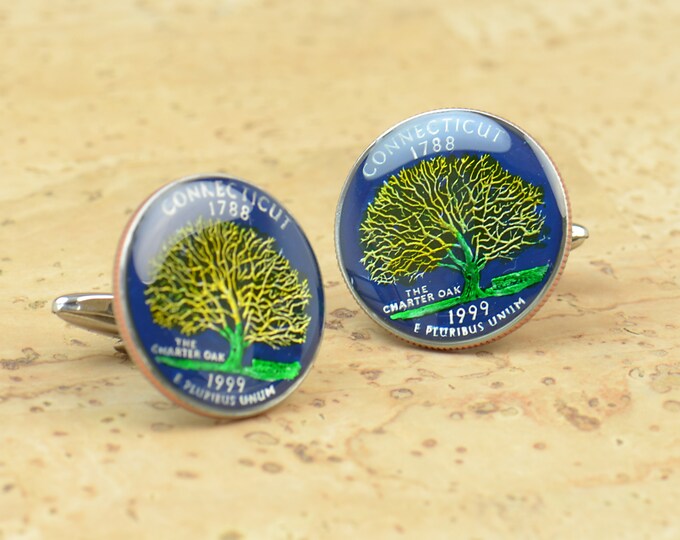 Cufflinks Connecticut coin men.Tree cuff links Coin Collector Gifts,Dad Coin Gift,Upcycled,mens gift accessories jewelry