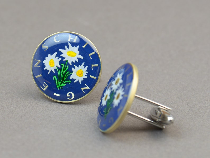 1 Schilling Edelweiss Coin Collector Gifts,Dad Coin Gift,Upcycled,mens gift accessories jewelry Austria Coin Enamel Cufflinks