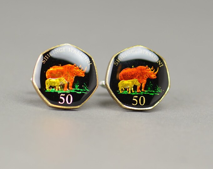 Rhinoceros Cufflinks Tanzania Coin Collector Gifts,Dad Coin Gift,Upcycled,mens gift accessories jewelry