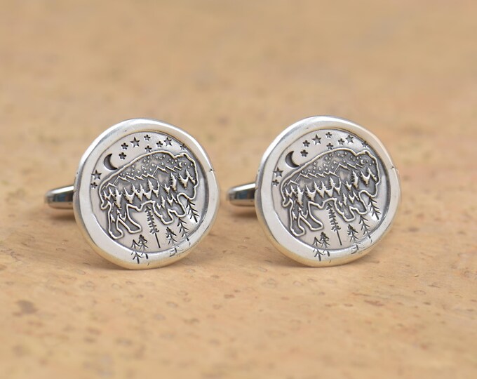 Bison on Mountain sterling silver cufflinks.Men accessories,Cuff links-sterling silver and stainless steel. Buffalo,american bison cufflinks