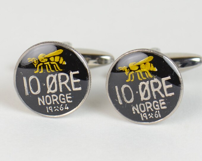 Cufflinks Bee Norway enamel Coin Coin Collector Gifts,Dad Coin Gift,Upcycled,mens gift accessories jewelry