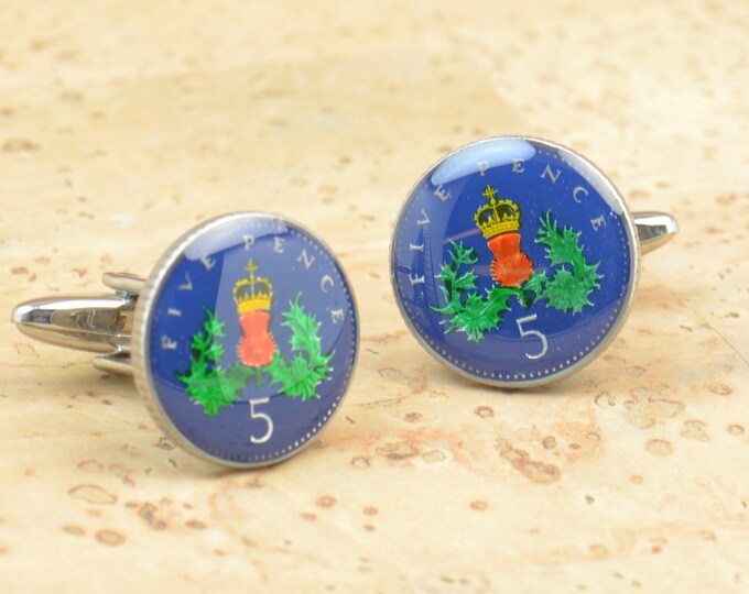 Coin 5 pence Great Britain Painted Cufflinks.United Kingdom Coin Collector Gifts,Dad Coin Gift,Upcycled,mens gift accessories jewelry