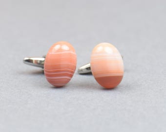 Carnelian Gemstone Cufflinks: Orange Accent Stones - Stainless Steel, Stylish Mens Wedding Jewelry, Groom & Father Of Bride Gift
