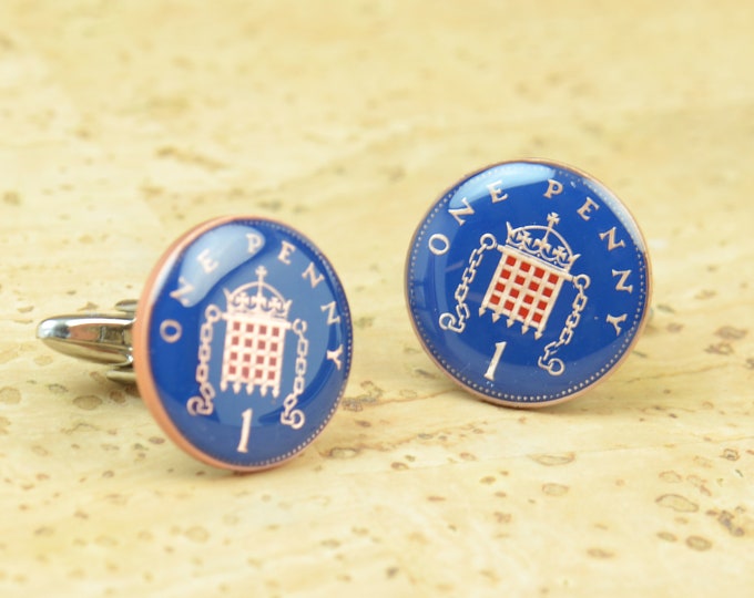 Coin Penny Painted Cufflinks United Kingdom.Great Britain Coin Collector Gifts,Dad Coin Gift,Upcycled,mens gift accessories jewelry