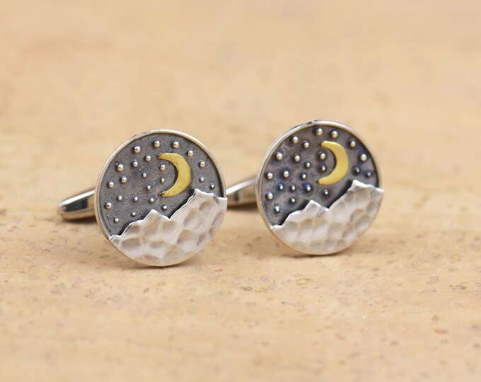 Moon Star sterling silver cufflinks.Men accessories,Cuff links-Stainless universe galaxy physics moon shot star