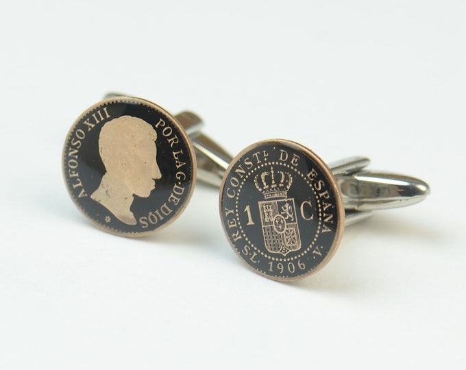Cufflinks peseta Spain. Original Alfonso XIII coin.Enamelled coin.Stainless Steel leg.Mens gift Cuff links accessories mens gift