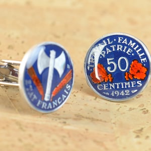 Cufflinks France enamel 50 Centimes Coin.Mens gift cuff links accessories