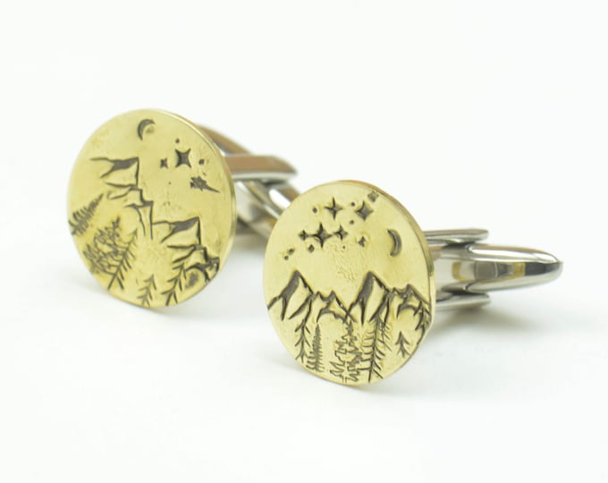 Mountain brass cufflinks.Men accessories,Cuff links-Everest-Stainless steel leg.Stamped mountain trees moon shot star