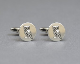Owl Sterling Silver Cufflinks: Rustic Mens Jewelry - Handmade Design,  , Formal Wear Gift