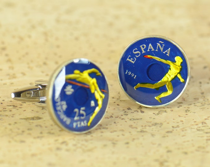 Barcelona 25 Pesetas Cufflinks coins.1992 Olympic Games Coin Collector Gifts,Dad Coin Gift,Upcycled,mens gift accessories jewelry