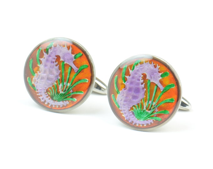 Cufflinks Singapore enamel Coin-Sea horse Coin Collector Gifts,Dad Coin Gift,Upcycled,mens gift accessories jewelry