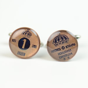 Sweden Bronze 1 Ore Vintage Coin Cufflinks - Sverige King Gustaf VI Scandinavian