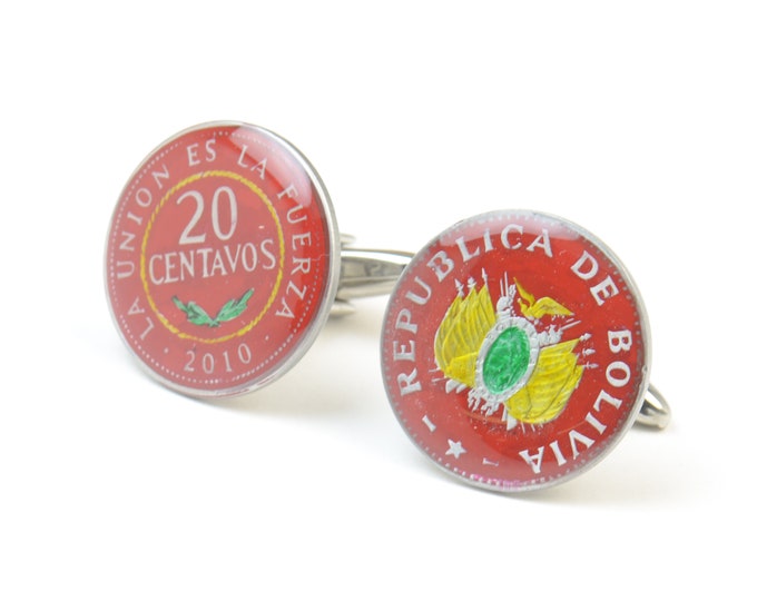 Bolivia enamel Coin Cufflinks Coin Collector Gifts,Dad Coin Gift,Upcycled,mens gift accessories jewelry