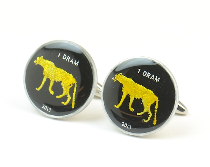 Cufflinks Coins Nagorno Karabakh.Enamelled coin.Stainless Steel leg.Cougar leopard