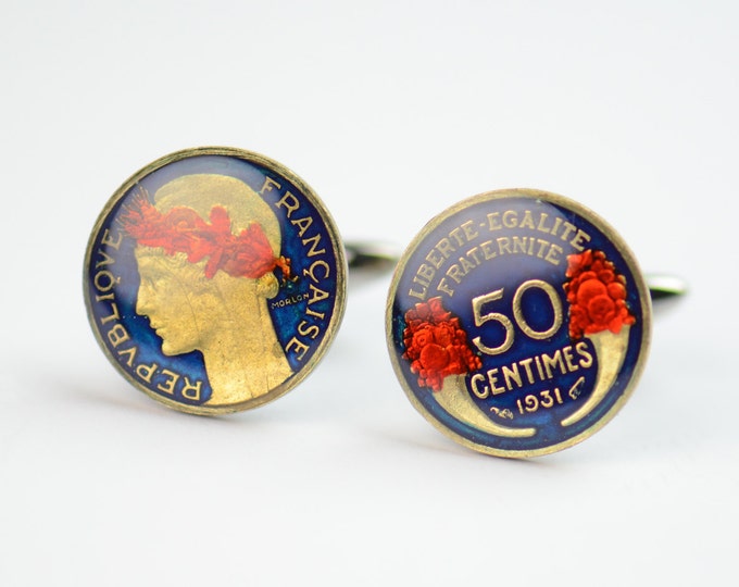 Cufflinks France enamel 50 Centimes Coin Coin Collector Gifts,Dad Coin Gift,Upcycled,mens gift accessories jewelry