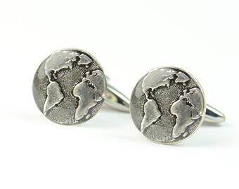 Earth world Cufflinks - World silver plated Cuff Links - Handmade Mens Accessories - Gifts For Him - Groomsmen - Groom