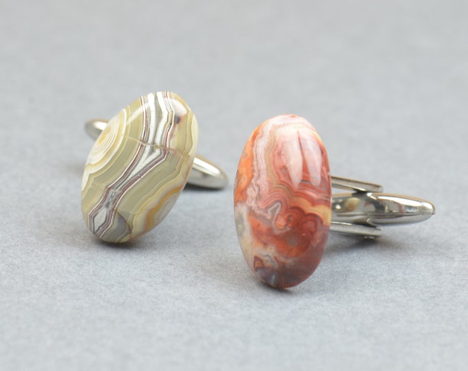 Crazy lace Agate and stainless steel Gemstone Cufflinks-Mens gifts-Men accessories-Men gift