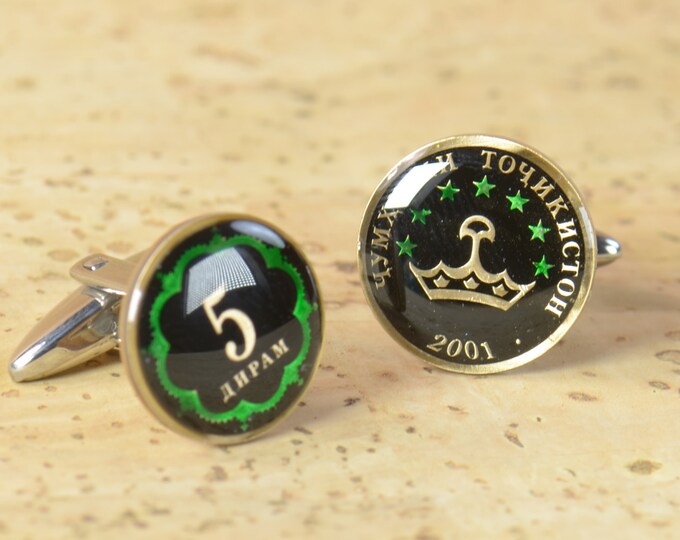 Enamel Cufflinks - Tajikistan coin Coin Collector Gifts,Dad Coin Gift,Upcycled,mens gift accessories jewelry
