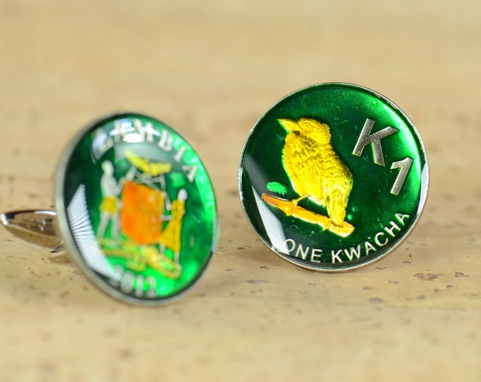 Enamelled Cufflinks Zambia-Stainless steel leg.Big Size Coin Coin Collector Gifts,Dad Coin Gift,Upcycled,mens gift accessories jewelry