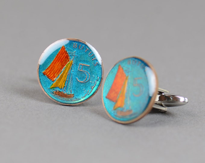 Cufflinks Gambia ship enamel Coin Coin Collector Gifts,Dad Coin Gift,Upcycled,mens gift accessories jewelry