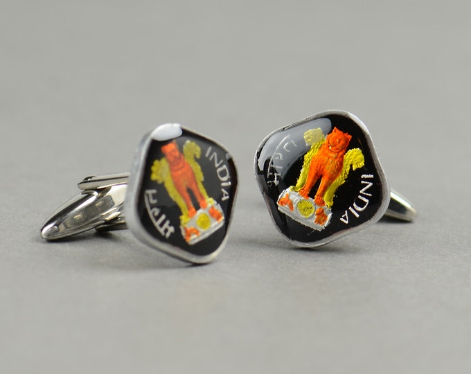 Enamel  Cufflinks-India Coin Coin Collector Gifts,Dad Coin Gift,Upcycled,mens gift accessories jewelry