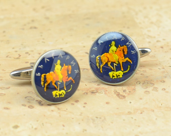 Enamel Cufflinks-Bulgaria Coin Coin Collector Gifts,Dad Coin Gift,Upcycled,mens gift accessories jewelry.Horse equestrian ride