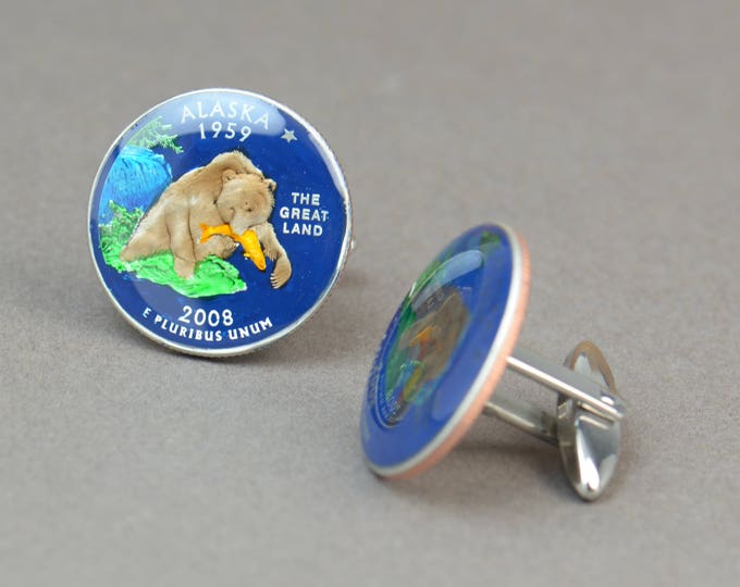 Cufflinks Alaska Quarter. Enamelled cuff links.Stainless steel leg.Coin cufflinks.USA