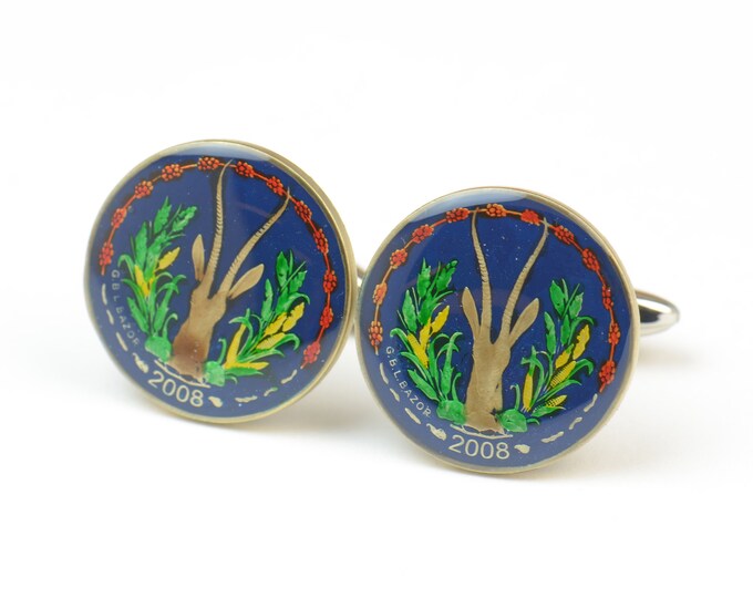 Enamel  Cufflinks-Central Africa deer Coin-France Coin Collector Gifts,Dad Coin Gift,Upcycled,mens gift accessories jewelry