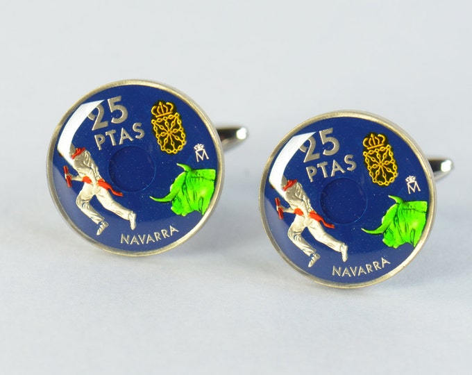 Navarra Pamplona 25 Pesetas Cufflinks coins.Mens gift cuff links accessories