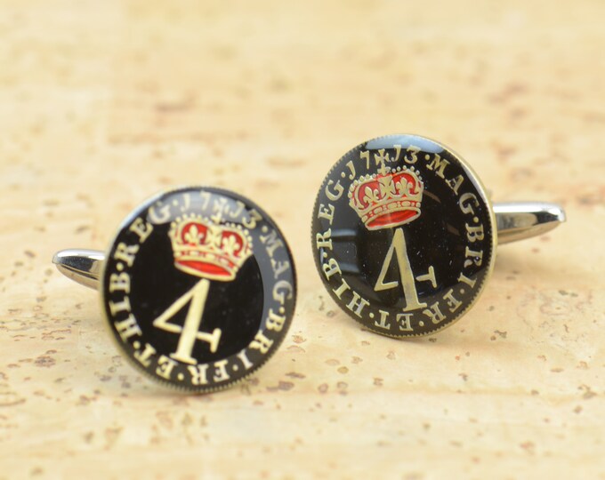 Enamel coin 4 pence Cufflinks Great Britain.United Kingdom. Coin Collector Gifts,Dad Coin Gift,Upcycled,mens gift accessories jewelry