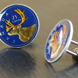 Coin Collector Gifts: Rustic Blue Deer Design - Hand Painted Canadian Coins, Enamel , Big Size Cufflinks for Men image 3