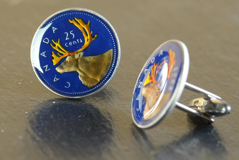 Coin Collector Gifts: Rustic Blue Deer Design - Hand Painted Canadian Coins, Enamel , Big Size Cufflinks for Men image 3