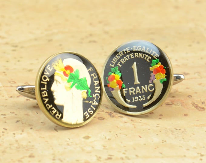 Cufflinks France enamel 1 Franc Coin.Big Size Coin Collector Gifts,Dad Coin Gift,Upcycled,mens gift accessories jewelry