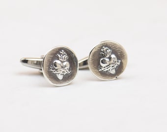 Sacred Heart Style Cufflinks - Spiritual Mens Jewelry Heart Motif - Sterling Silver, , Faith Accessory