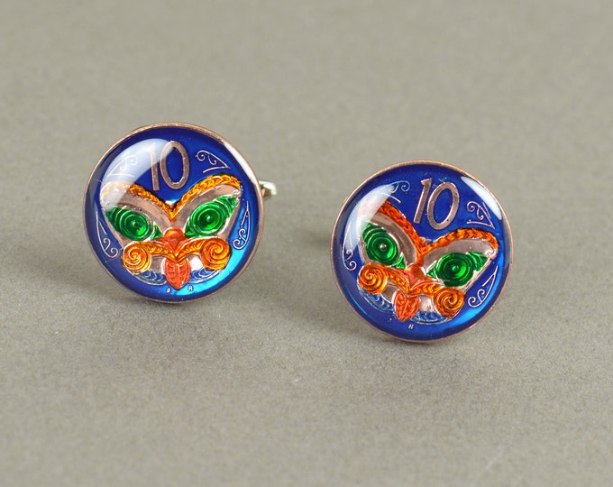 Cufflinks Enameled New Zealand Mask coin Coin Collector Gifts,Dad Coin Gift,Upcycled,mens gift accessories jewelry