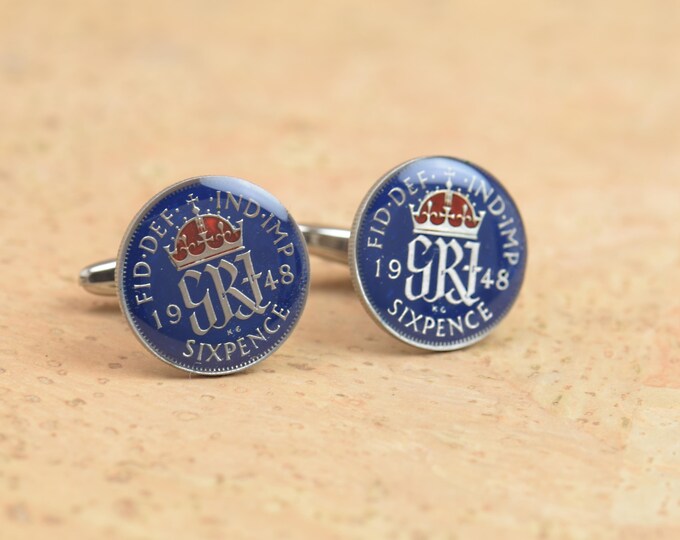 Coin 6 pence Great Britain Painted Cufflinks.United Kingdom Coin Collector Gifts,Dad Coin Gift,Upcycled,mens gift accessories jewelry