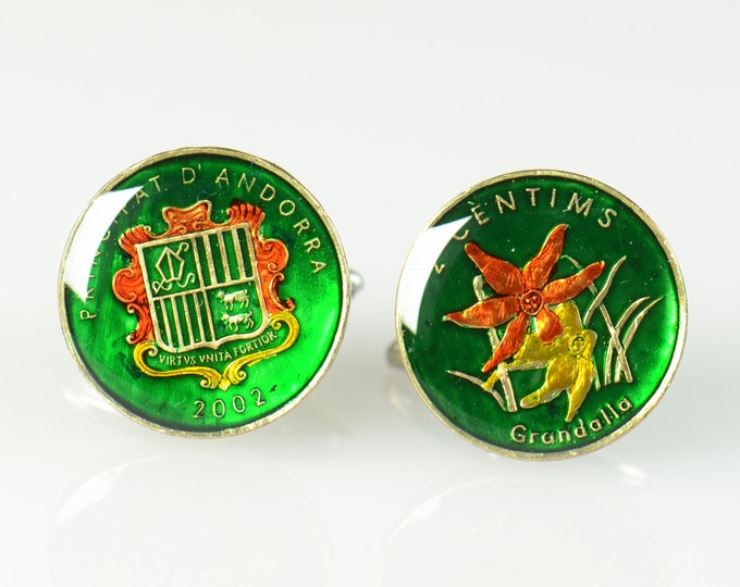Enamel  Cufflinks- Andorra Coin Cufflinks Coin Collector Gifts,Dad Coin Gift,Upcycled,mens gift accessories jewelry