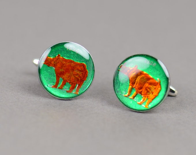 India  rhinoceros coin Cufflinks.Cuff links mens accessories Coin Collector Gifts,Dad Coin Gift,Upcycled,mens gift accessories jewelry