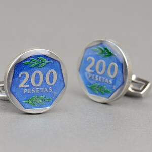 Cufflinks enamel coin 200 peseta Spain Coin Collector Gifts,Dad Coin Gift,Upcycled,mens gift accessories jewelry