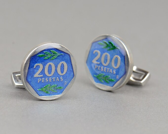 Cufflinks enamel coin 200 peseta Spain Coin Collector Gifts,Dad Coin Gift,Upcycled,mens gift accessories jewelry