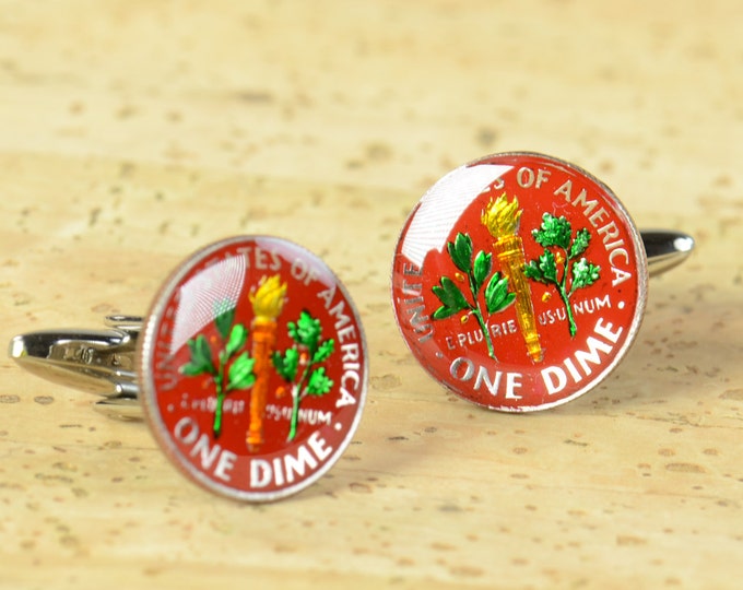 Dime Red Cufflinks-one dime coin United States Cuff links accessories mens gift