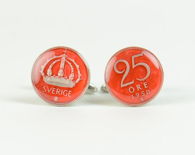 Cufflinks Sweden Sterling silver enamel Coin Coin Collector Gifts,Dad Coin Gift,Upcycled,mens gift accessories jewelry