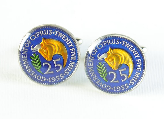 Bull Coin Men Hand Painted Cufflinks, Blue Enamel Enamelled Protected Pair, Cyprus Coin Jewelry, Elegant Menswear Accessory