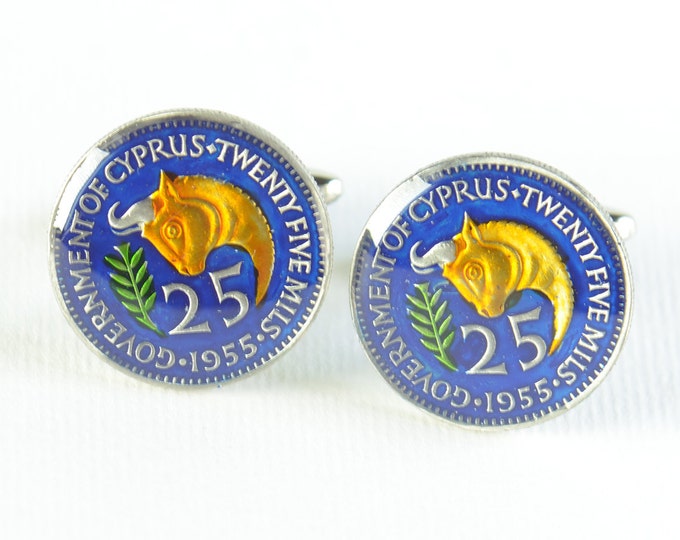Cufflinks Cyprus enamel Bull Coin - Men gift - Mens accessories -Gift