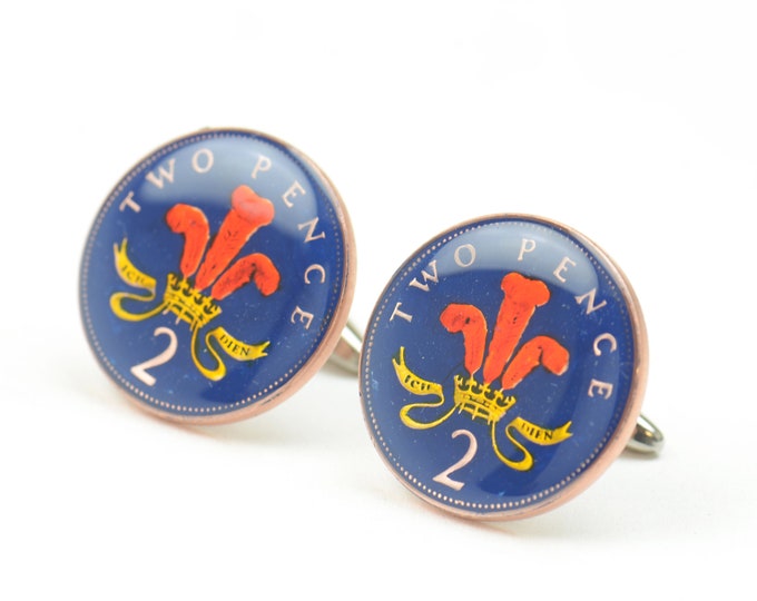 Coin 2 pence Great Britain Painted Cufflinks.United Kingdom.Big size coin Accessories mens cuff links gift jewelry