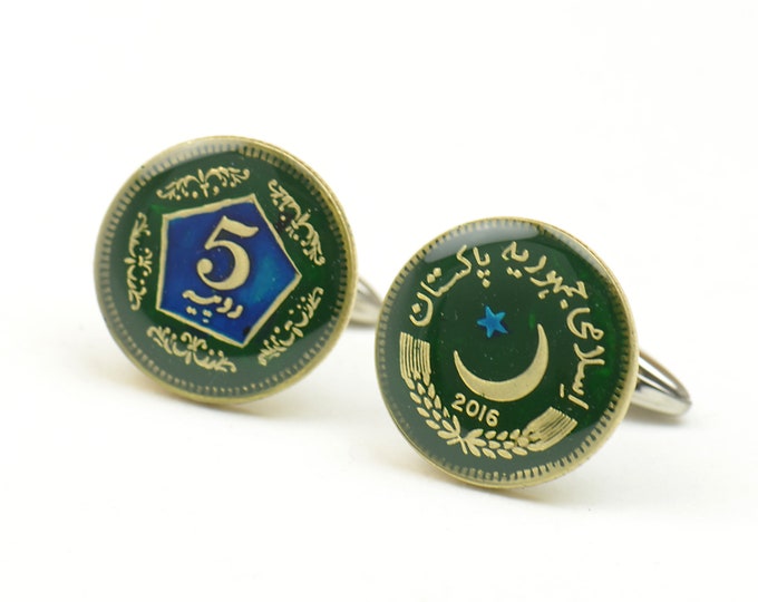 Enamel Cufflinks-Pakistan Coin Coin Collector Gifts,Dad Coin Gift,Upcycled,mens gift accessories jewelry